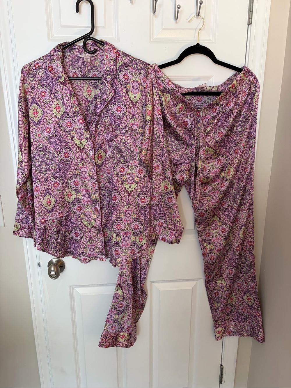 Victoria's Secret Purple Floral Ikat Geometric Satin Long Sleeve Pajama Set